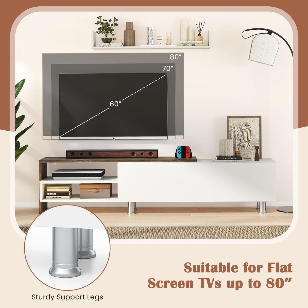 Tangkula White TV Stand with 2 Wall Shelves, Modern Entertainment Center for TVs up to 80 Inches, TV Cabinet with 2 Storage Compartments and Cabinet, Media Console Table for Living Room, Study (White) Tangkula