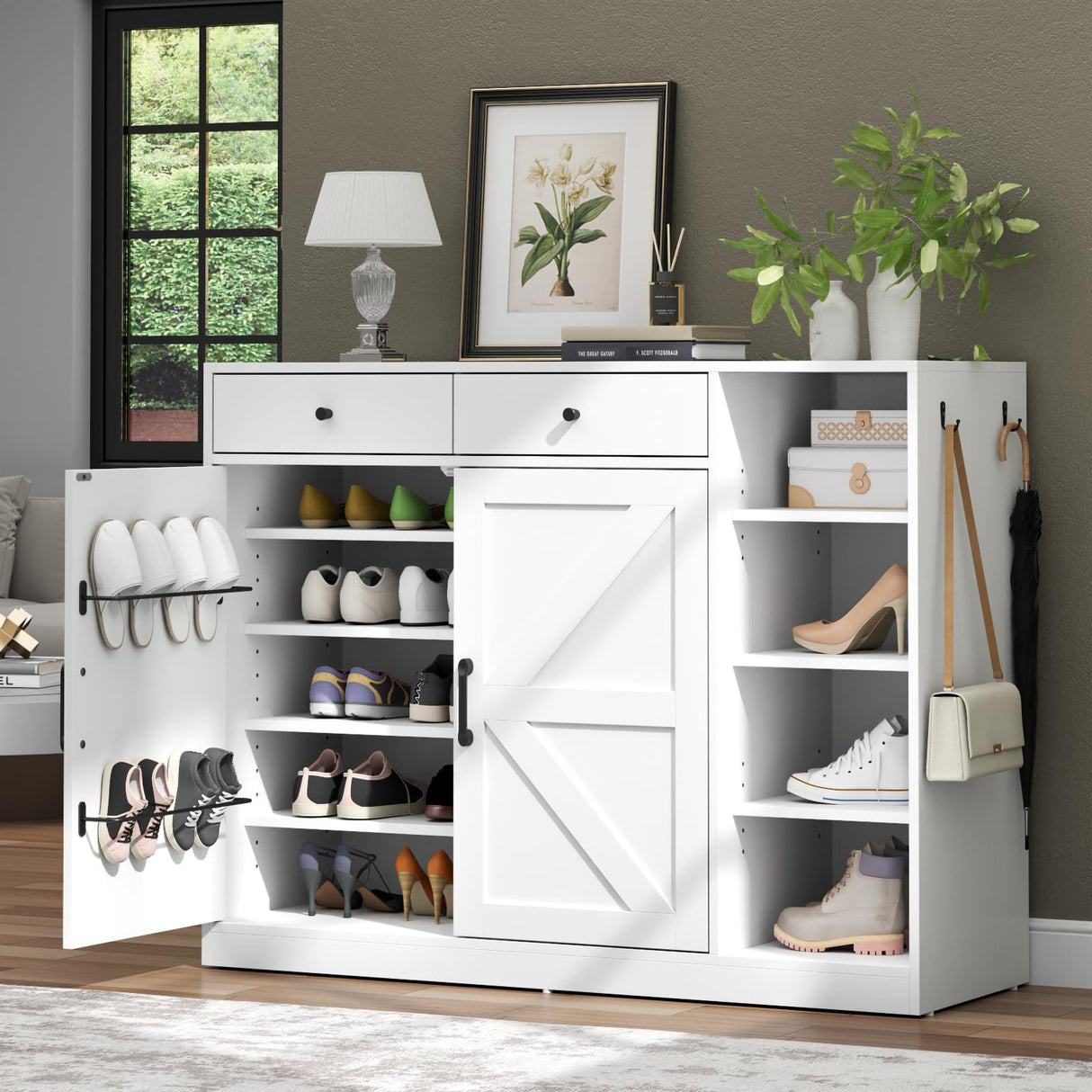 Loomie 5-Tier Shoe Cabinet with 4 Side Cubbies, Farmhouse Shoe Rack Cabinet with 6 Adjustable Shelves & 2 Drawers, Freestanding Shoe Storage Cabinet with 4 Brackets & 2 Hooks for Entryway (White) Loomie