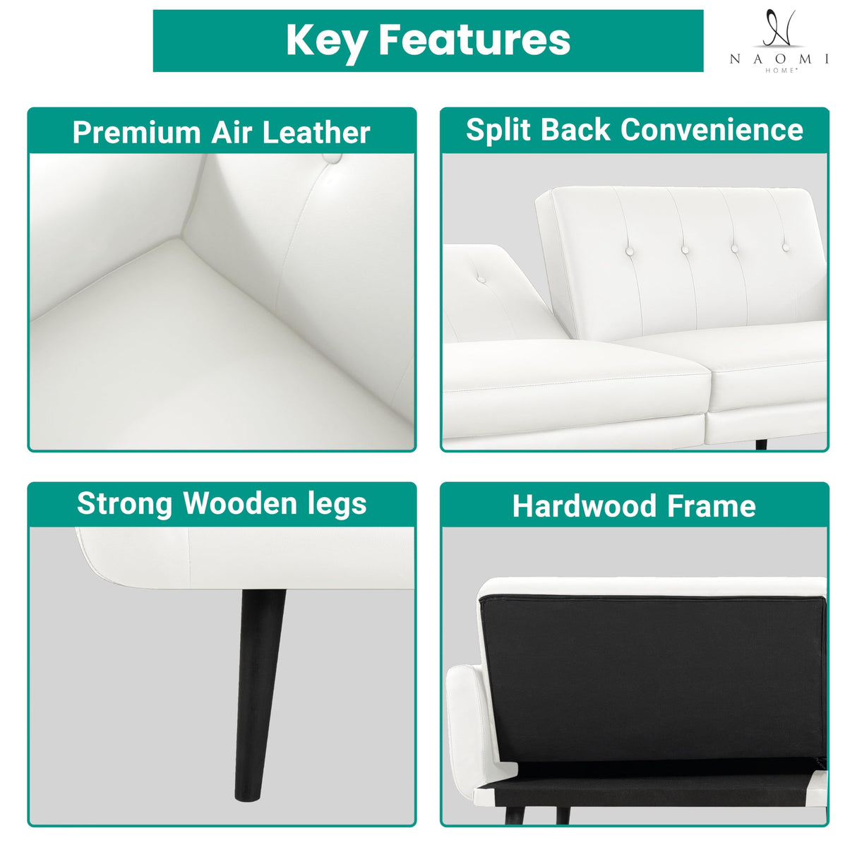 Naomi Home Monica Leather Futon Sofa, Convertible Couch Bed, Split Back Premium air Leather Sleeper Couch Sofa for Living Room, Mid Century Modern Fold Out Couch Bed with Tapered Legs - White Naomi Home