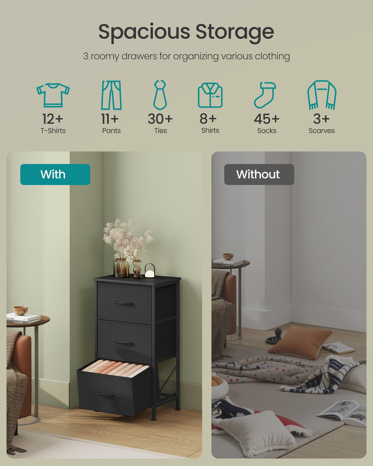 SONGMICS Dresser for Bedroom, Chest of Drawers, Steel, MDF, 3 Non-Woven Fabric Drawers, Storage Organizer Unit, Closet, Entryway, Ink Black and Ebony Black ULGS313B01S SONGMICS