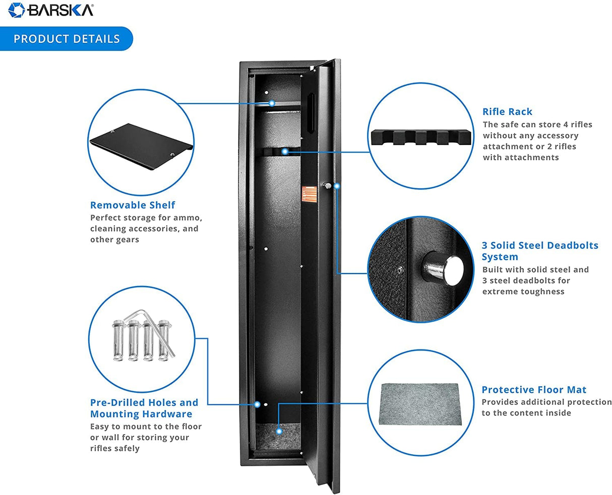 BARSKA AX12760 Keypad Biometric Fingerprint 4 Position Rifle Safe 1.83 Cubic Ft, Black BARSKA