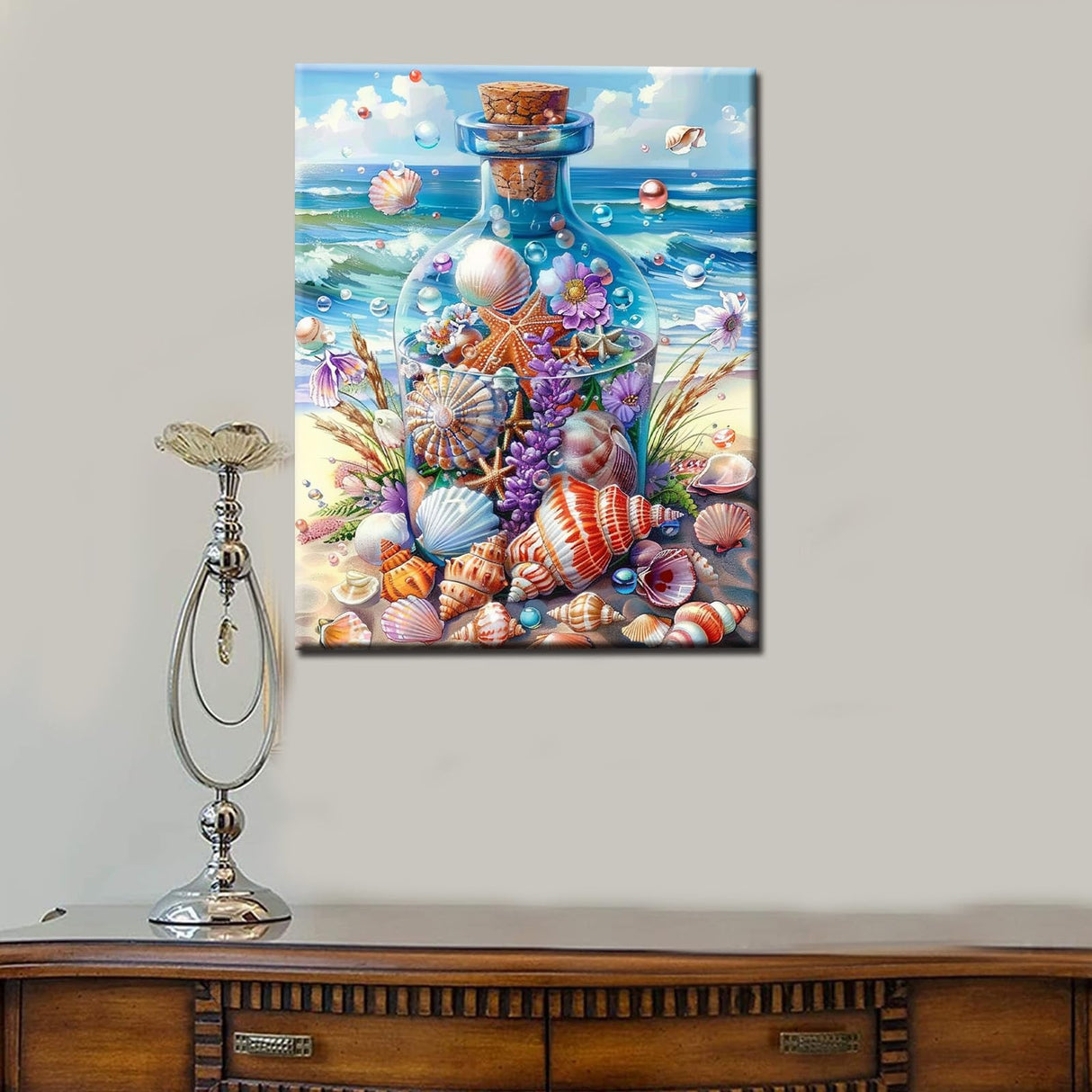 Tucocoo Seaside Bottle Shells Scene Paint by Numbers Kits 16x20 inch Canvas DIY Oil Painting for Adults Beginner with Brushes and Acrylic Pigment - Beach Sea Waves Scenery Seashells(Without Frame) Tucocoo