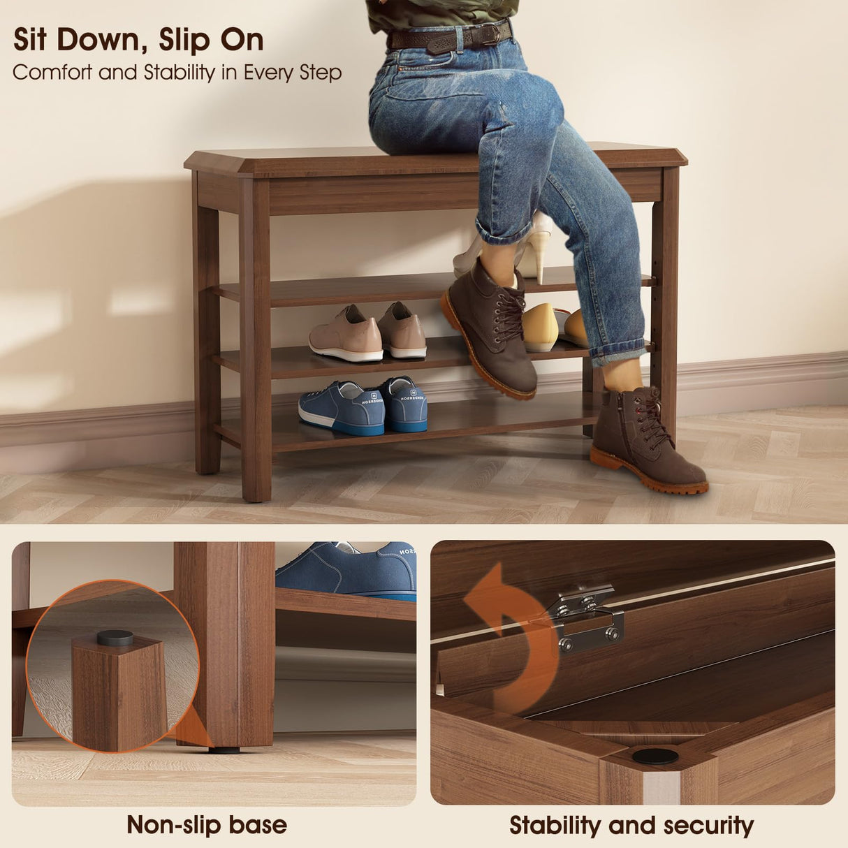 IUNVR Shoe Rack Bench Seat Rubberwood 3-Tier Wooden Storage Bench 550lbs Compact Mid-Century Modern Design for Entryway, Hallway, Closet, Front Door Entrance, Foyer IUNVR