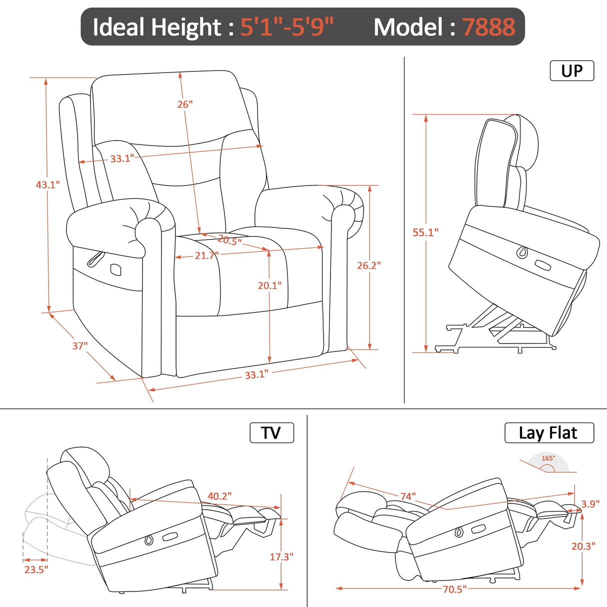 MCombo Triple Motor Power Lift Recliner Chair with Massage and Lumbar&seat Heating, Rolled Arms, Adjustable Headrest for Elderly People, Fabric 7888 (Coffee, Medium) MCombo