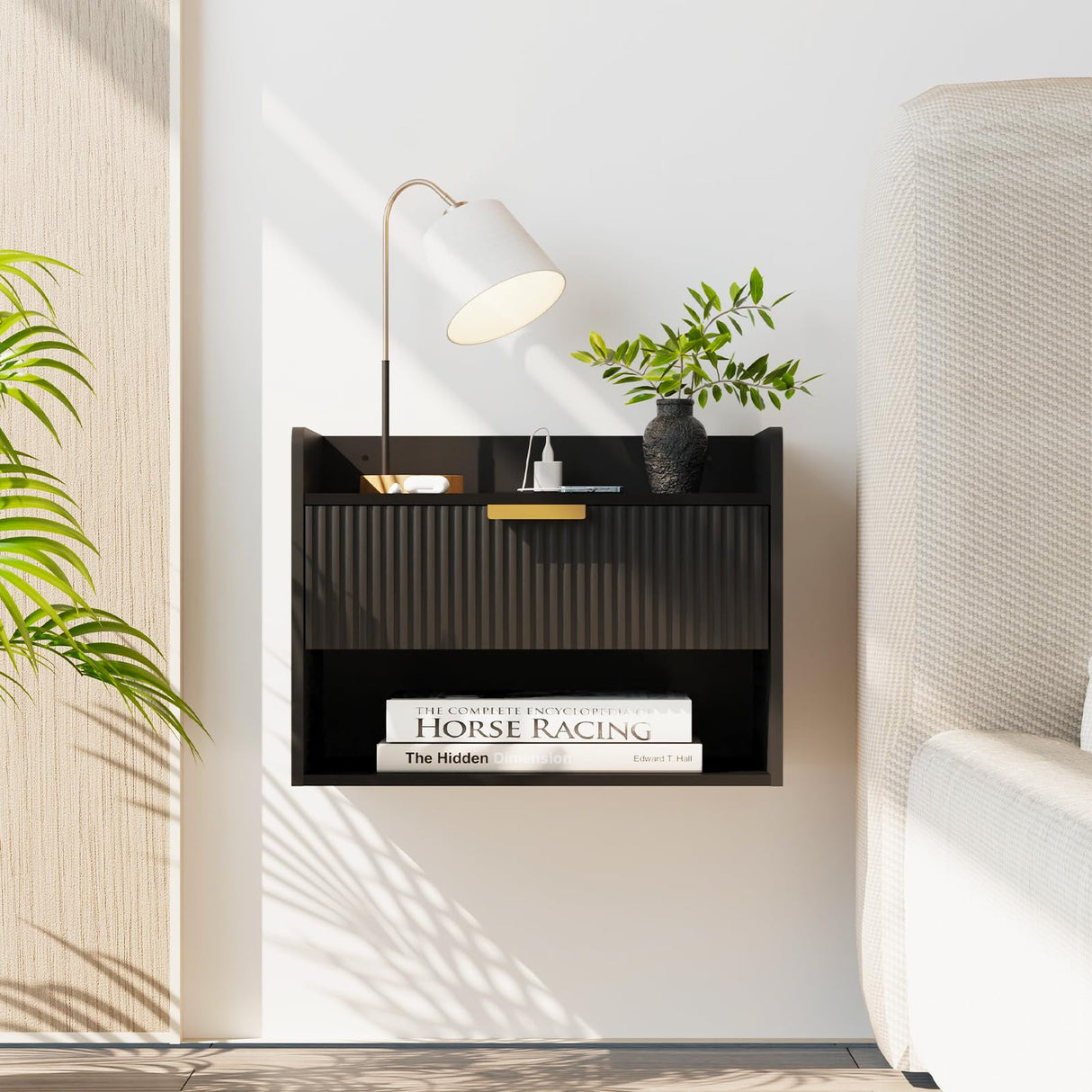 Arbuxzuy Floating Nightstand with Charging Station, Modern Wall Mounted Bedside Table with Drawer & Open Shelf, Minimalist Wooden Night Stand for Bedroom (Black) Arbuxzuy