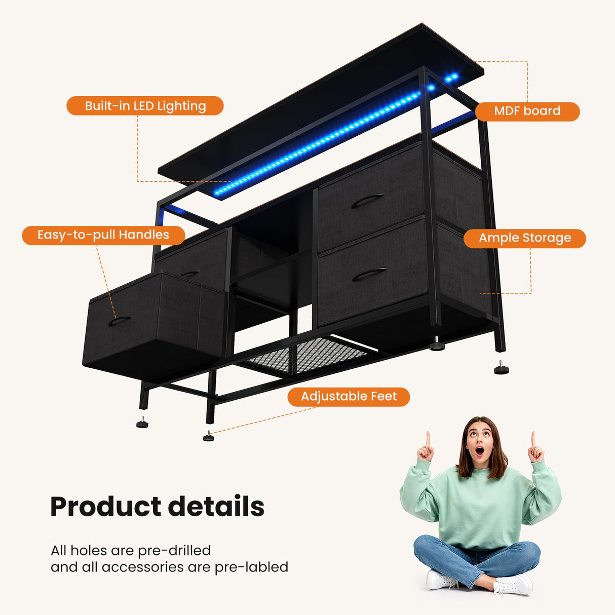Sweetcrispy TV Stand Dresser for Bedroom 4 Drawers Entertainment Center with LED Lights and Power Outlets Media Console for 50 Inch TV Living Room Furniture with Open Shelf Adjustable Feet, Black Sweetcrispy