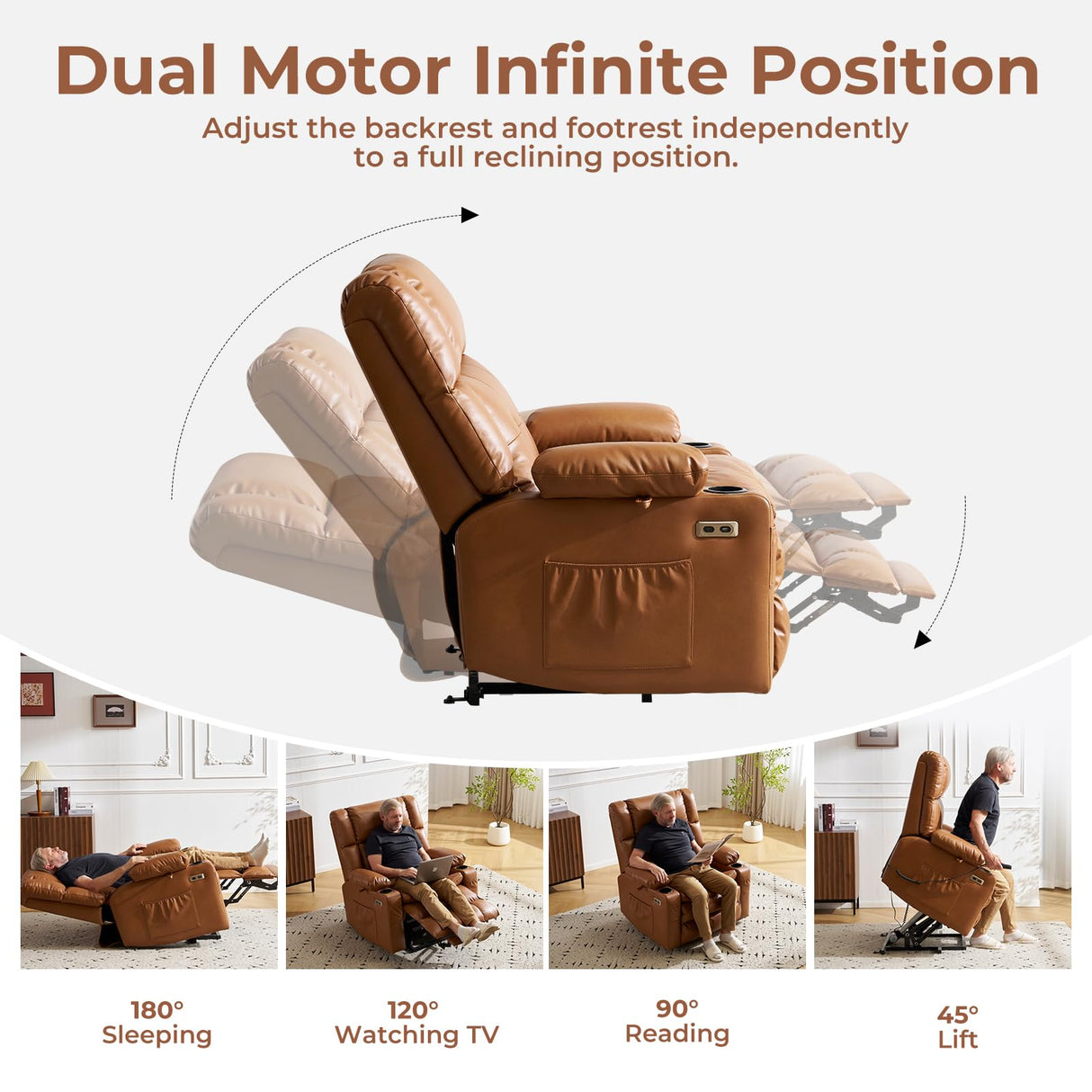 Dual Motor Power Lift Recliner Chair for Elderly with Massage and Heat, Oversized Lift Chair with Arm Storage, Lay Flat Lift Recliner for Adults, Big Tall, Infinite Position, Camel Rhevoy