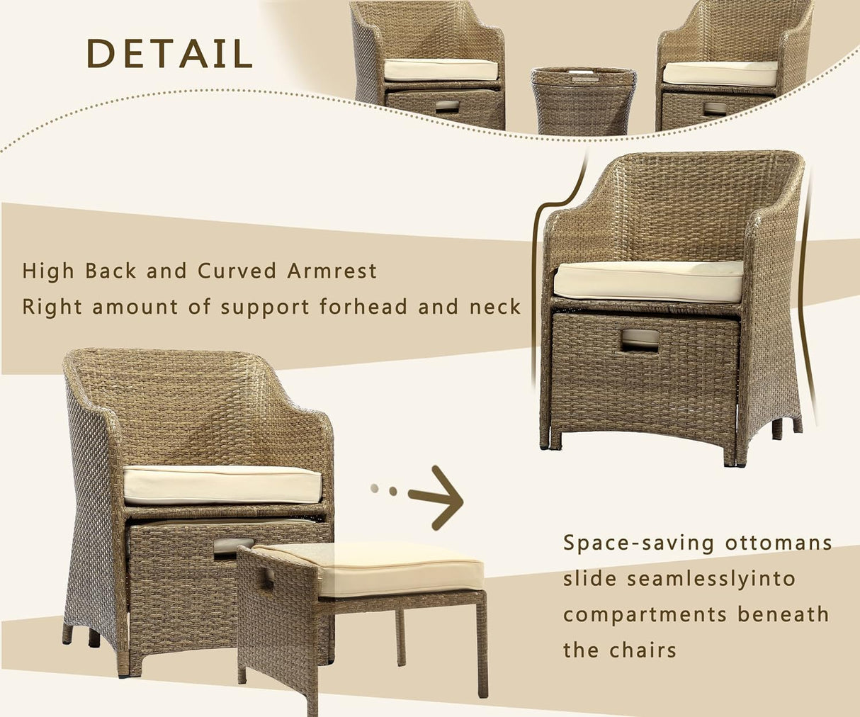 LHBcraft Outdoor Patio Wicker 5-Piece Furniture Set, No Assembly Required All-Weather Rattan Conversation Bistro & Storage Table for Garden, Porch, Balcony and Deck (Beige) LHBcraft