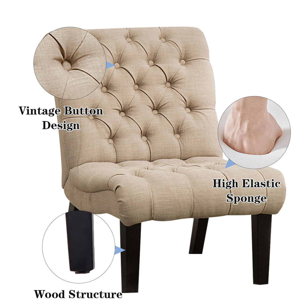 Alunaune Living Room Chairs Set of 2 Modern Accent Chair, Upholstered Tufted Armless Bedroom Chairs Lounge Sofa Backrest Fabric Recliner Chair Wood Legs-Khaki Alunaune