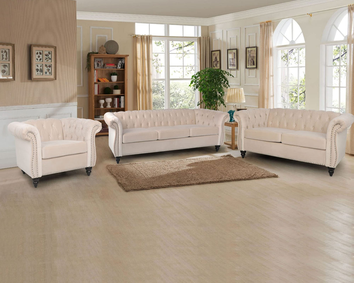 RARZOE Traditional Chesterfield Loveseat Sofa, Modern Vintage Chesterfield Button Tufted Velvet Couch with Nailhead Trim Scrolled Arms for Living Room Bedroom Office(Beige) RARZOE