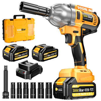 TaskStar Cordless Impact Wrench 1/2 Inch, 900N.m(664ft-lbs) High Torque Brushless Power Impact Gun, 21V 3300RPM Electric Impact Driver with 2x4.0Ah Battery & Fast Charger for Car Tires Truck