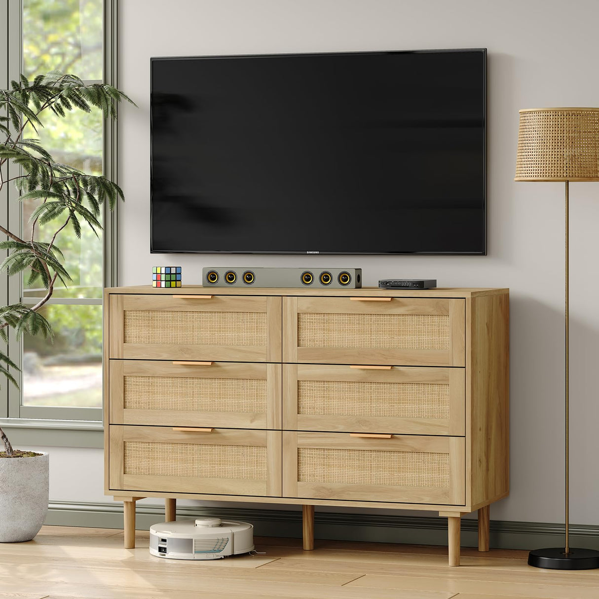 Furniouse 6 Drawer Rattan Dresser for Bedroom, Wooden Dresser Chest of Drawers, Storage Organizer for Closet, Beside Table for Living Room, Entryway Furniouse