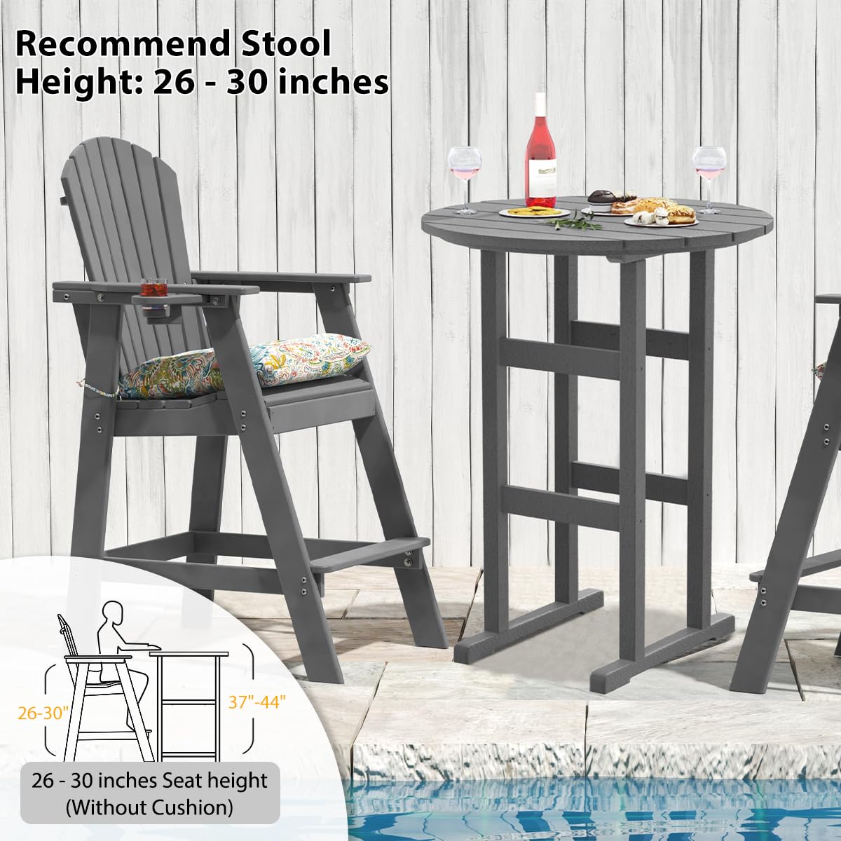 Sundale Outdoor 5 Pieces Adirondack Bar Set, Patio Counter Height Adirondack Chairs Set of 4 and Round Table, High Top HDPE Stools and Pub Table, Tall Bistro Dining Furniture Set for 4, Gray Sundale Outdoor
