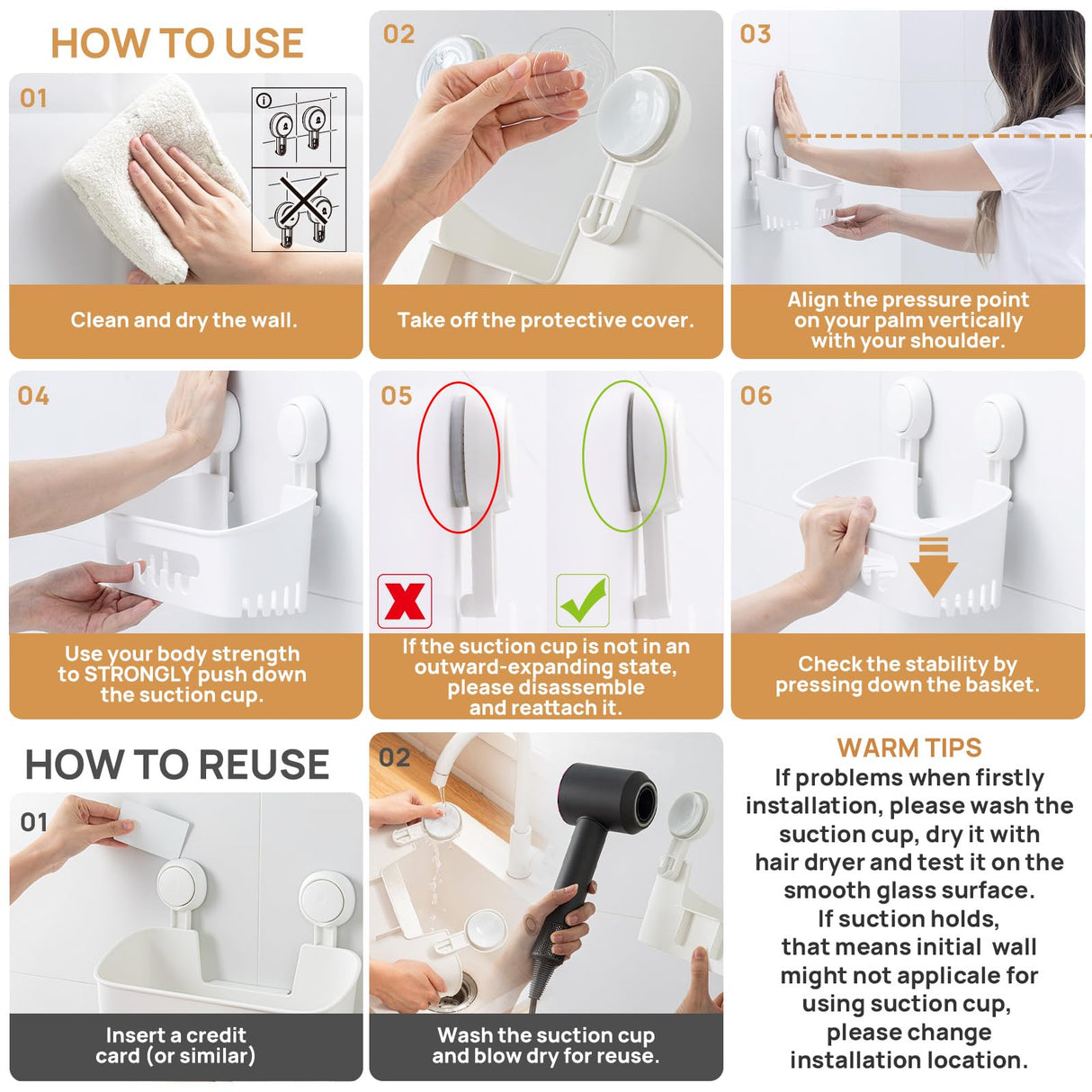 LEVERLOC Shower Caddy Suction Cup, Shower Organizer Removable Bathroom Shelf, Storage Suction Powerful Max Hold 22lbs Bathroom Caddy Waterproof Holder, White LEVERLOC