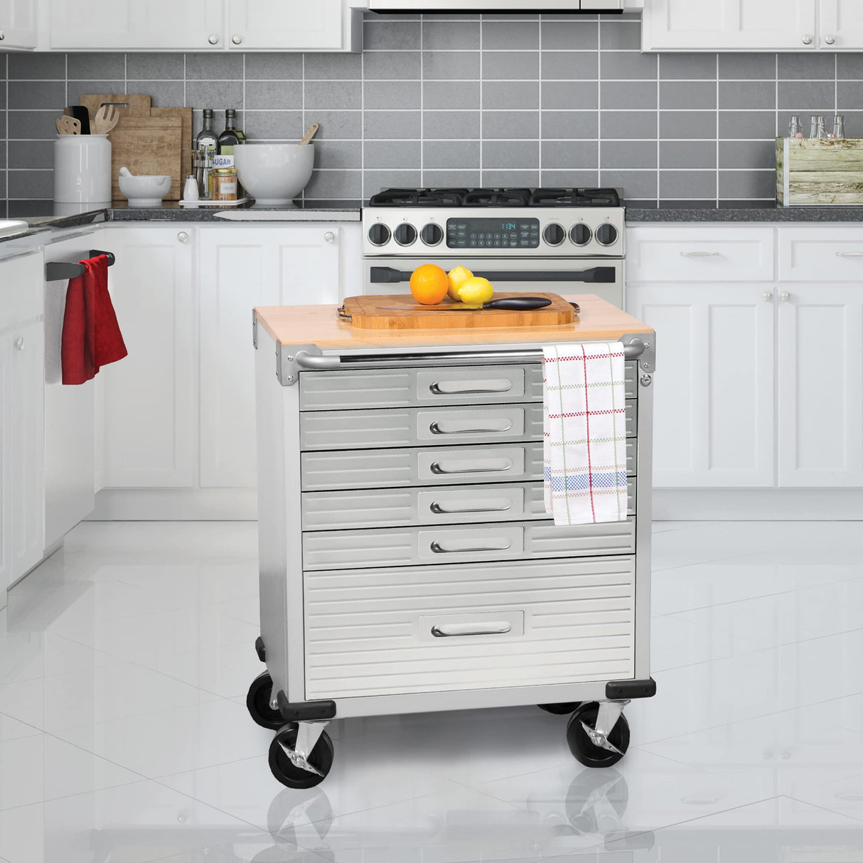 Seville Classics UltraHD Heavy Duty Rolling Cabinet Workbench Table w/Solid Wood Top, Workstation for Garage, Office, Workshop, Granite, 6-Drawer (28" W x 18" D Seville Classics