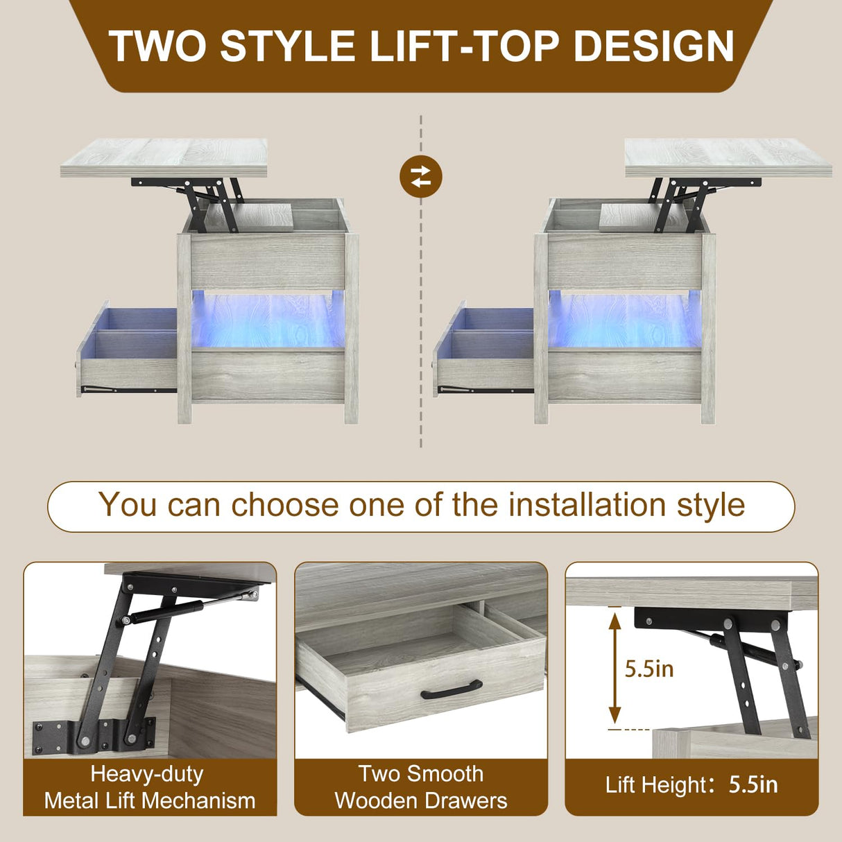 SYESWAY Lift Top Coffee Table with LED, 3-in-1 Multifunctional Coffee Table with Drawers and Hidden Compartments, Coffee Table Converts to Dining Table, for Living Room, Reception Room, Grey SYESWAY