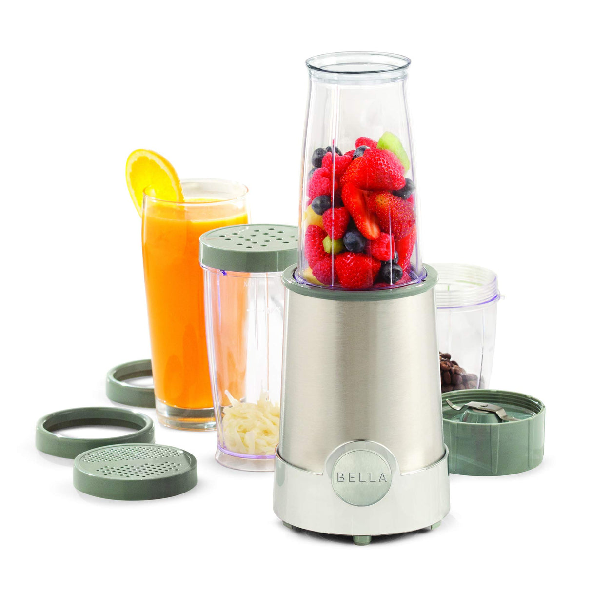 BELLA Personal Size Rocket Blender for Smoothies and Protein Shakes, Portable Juice Maker and Mini Food Processor and Grinder, 12 Piece, BPA Free Accessories, 240 W, Stainless Steel BELLA