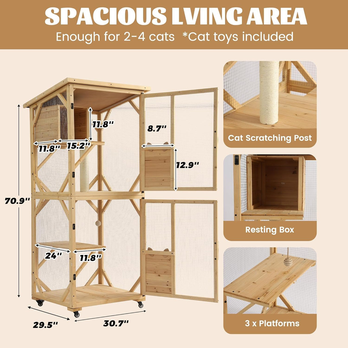 TITIMO 71" Catio Cat Enclosure Window, Large Outdoor/Indoor Cat House for Multiple Cats, Wooden Kitty Condo W/Waterproof Roof, Platforms, Resting Box, Scratching Post, Sisal Ball, Wheels (Burlywood) TITIMO