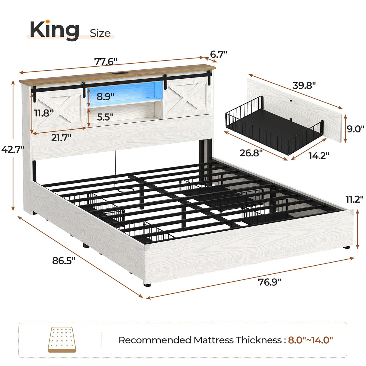 Hasuit Farmhouse Bed Frame King Size with 4 Storage Drawers, Wooden Platform King Beds with Charging Station and LED Lights, Rustic Bed with Storage Headboard and Sliding Barn Door Hasuit