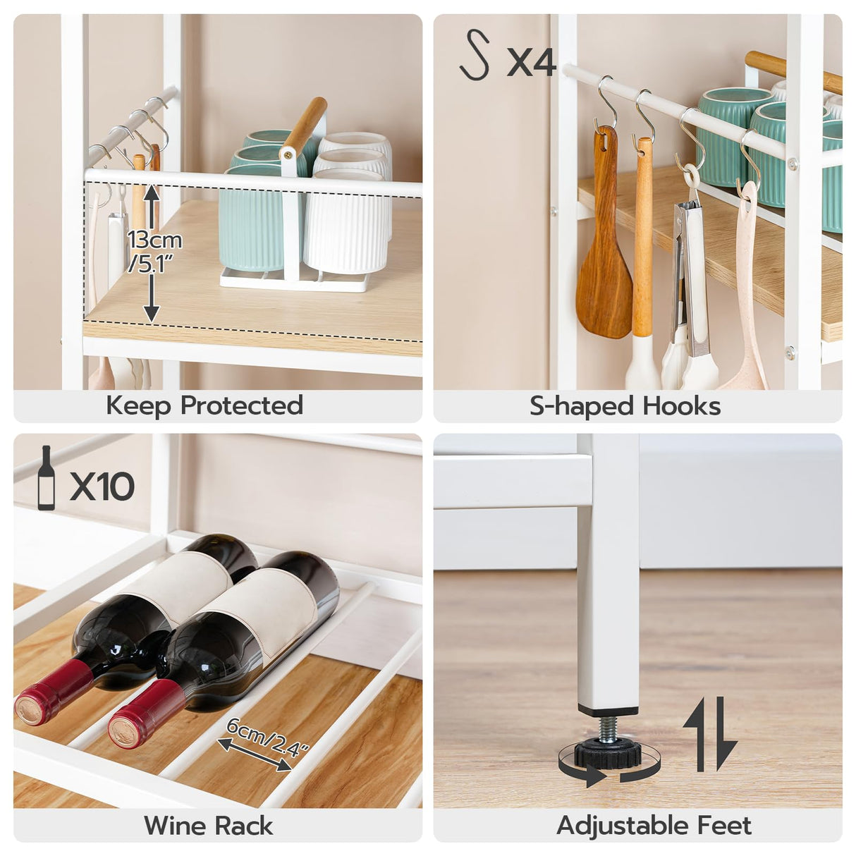 HOOBRO Kitchen Island with Storage, Kitchen Island Table with Power Outlet, 3 Tier Coffee Station and Microwave Stand, for Home, Kitchen and Dining Room, Natural and White WN021ZD01 HOOBRO