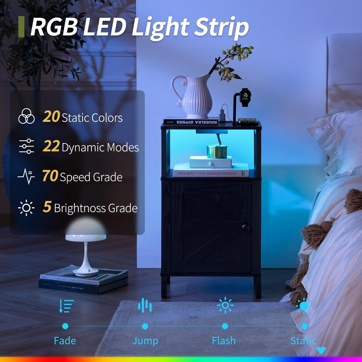 Yoobure Farmhouse Nightstand with Charging Station, Wood Night Stand End Table with USB Ports, LED Bed Side Table with Storage Cabinet, Bedside Table for Bedroom, Living Room Black Yoobure