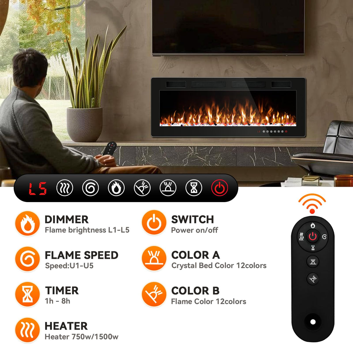 Tornivk 50 Inch Electric Fireplace Inserts Ultra-Thin Freestanding 750/1500W Electric Fireplace Heater Wall Mounted or Recessed Fireplace Electric with Adjustable Multicolor Flame,Timer Tornivk