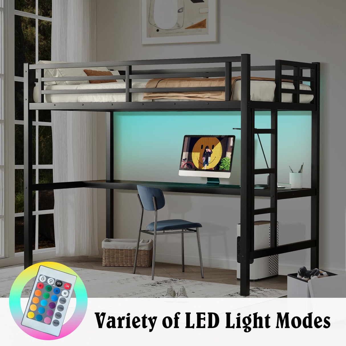 MAKIAAP Twin XL Size Metal Loft Bed with Desk & Ladder, LED Lights & Charging Station, Sturdy Noise-Free Frame for Kids, Teens & Adults, 350LBS, Space-Saving Design (Black, Twin XL) MAKIAAP