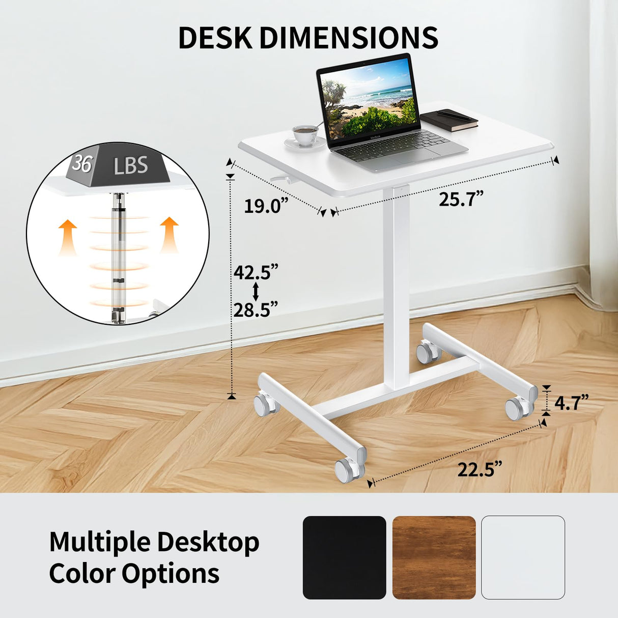 YSSOA Mobile Small Standing Desk - Rolling Desk with Adjustable Height and Lockable Wheels, Sit-Stand Laptop Table, Portable Computer Workstation, Cream White YSSOA