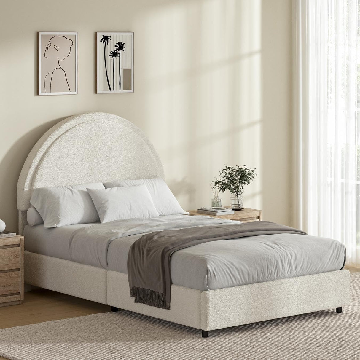 REVOMINCA Twin Size Bed Frame, Boucle Upholstered Platform Bed with Headboard, Cloud Bed Frame with Soft Rounded Corners, No Box Spring Required, Easy Assembly, Beige REVOMINCA