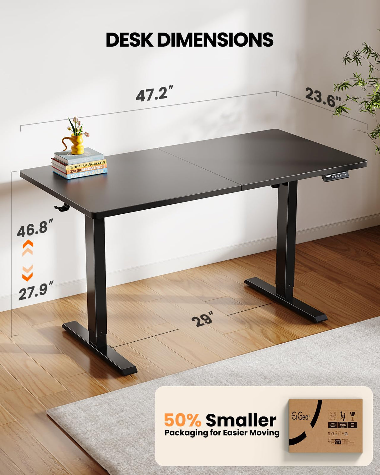 ErGear Electric Standing Desk, 48 x 24 inch Height Adjustable Sit Stand Up Desk, Computer Home Office Desk with 4 Memory Height Buttons, Two Pieces Desktop, Black, EGESD110B ErGear