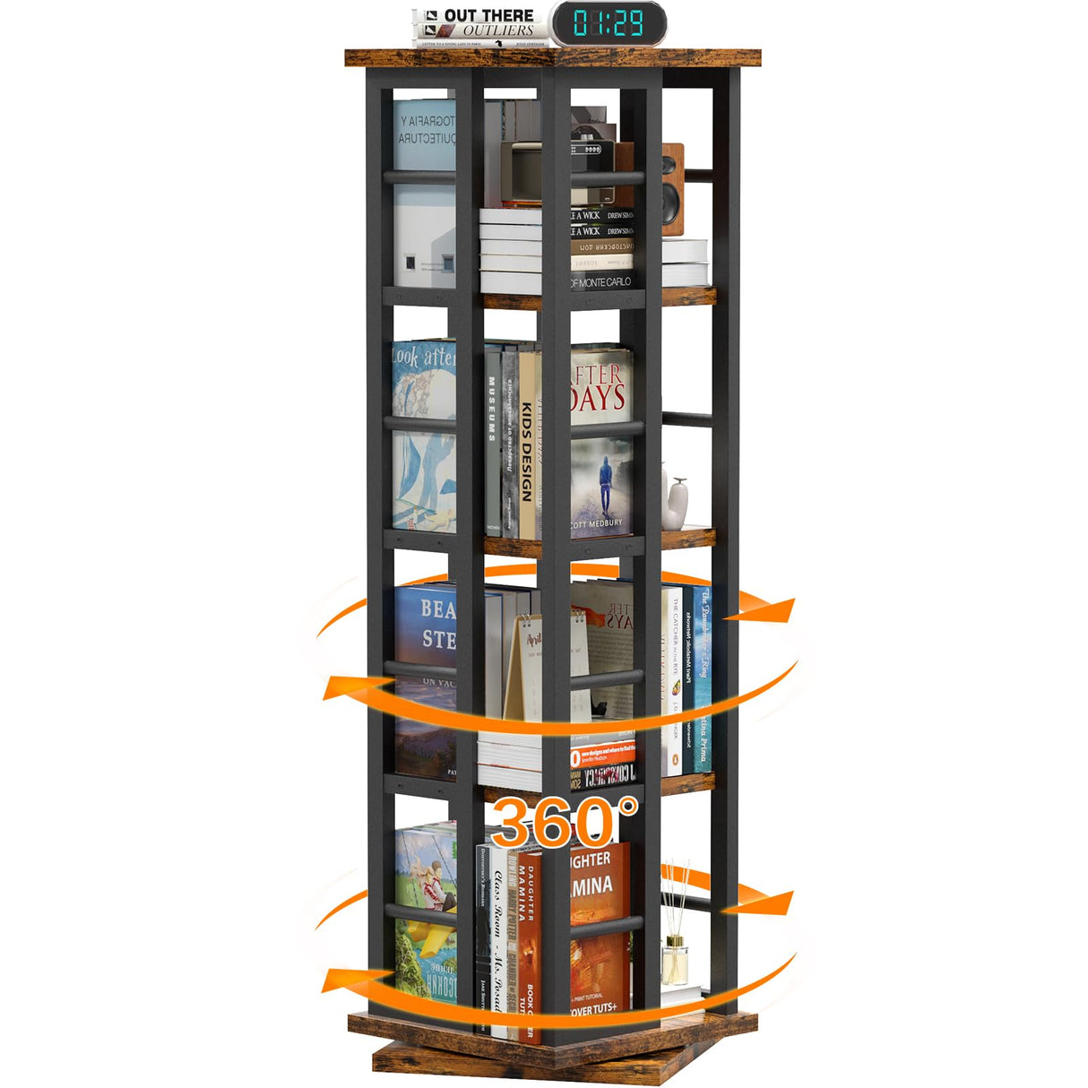 EasyCom 360° Rotating Wood Bookshelf with Metal Frame - 4-Tier Corner Storage for Living Room and Office, Brown EasyCom