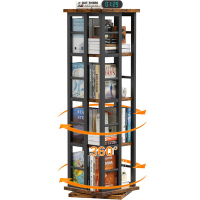 EasyCom 360° Rotating Wood Bookshelf with Metal Frame - 4-Tier Corner Storage for Living Room and Office, Brown
