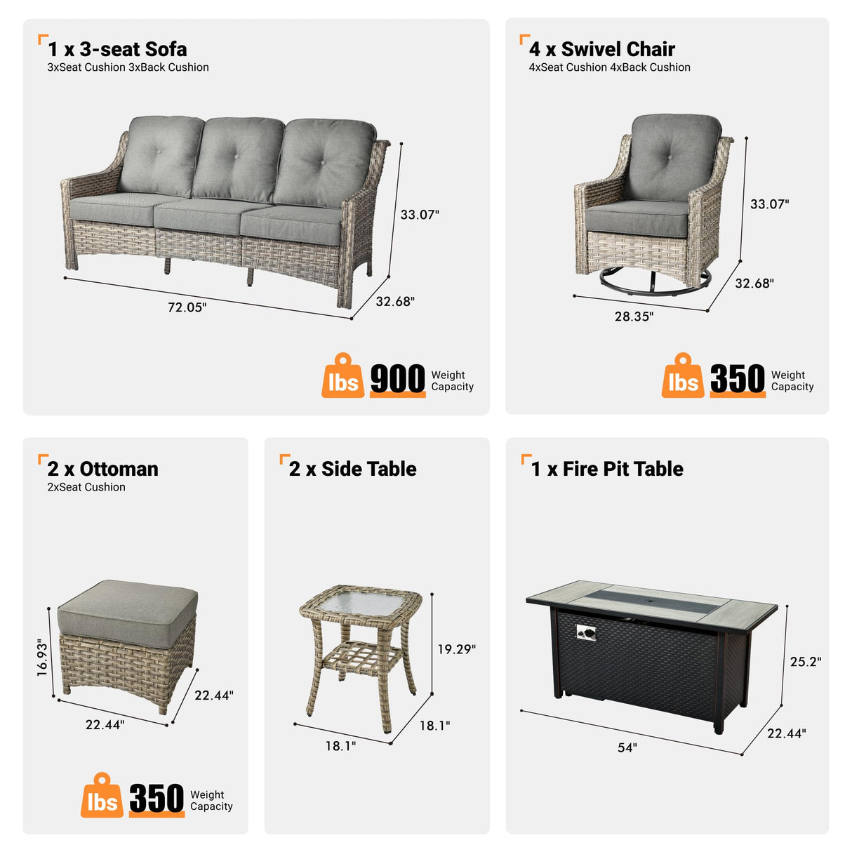 ovios Outdoor 10 Piece Patio Furniture with 54in Fire Pit Table,Wicker Coversation Set with Swivel Rocking Chair,Comfy Sectional Deep Sofa with Ottoman for Outside Porch Balcony Backyard,Dark Grey ovios