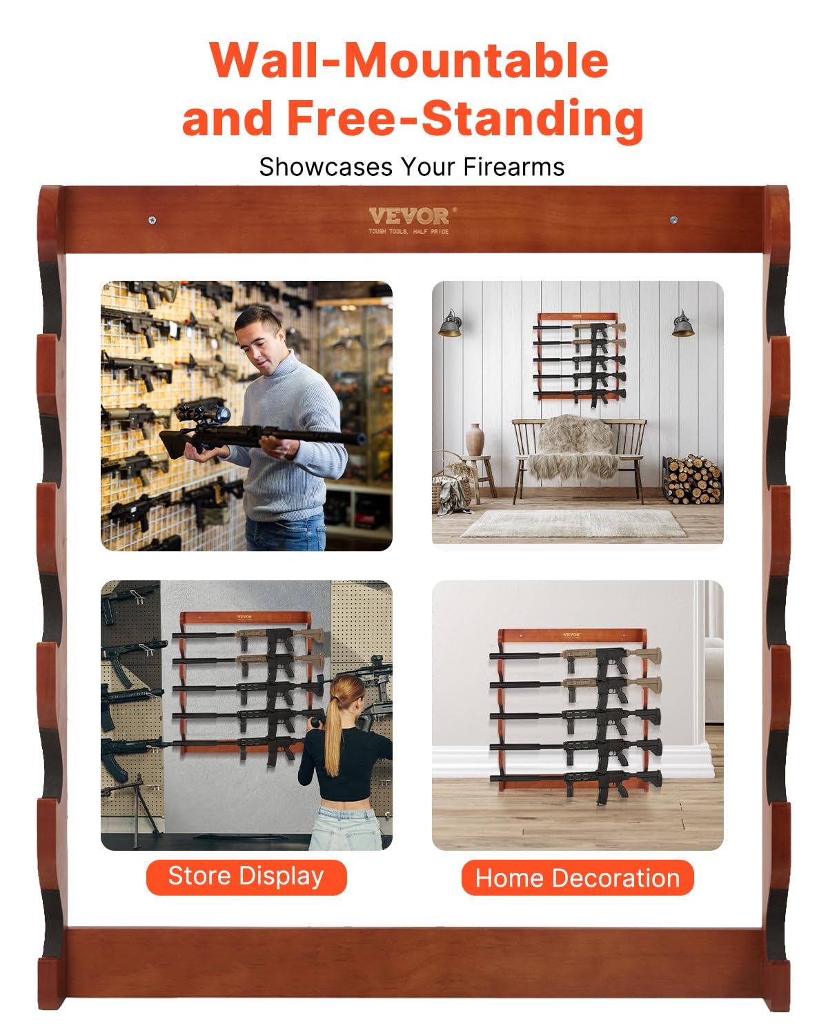 VEVOR Gun Rack, 5-Slot Wall Mounted Wooden Gun Rack, Heavy Duty Gun Display Rack Holds 5 Shotguns and Rifles, Wall Storage Display Rifle Rack with Soft Padding, 132 lbs Capacity VEVOR