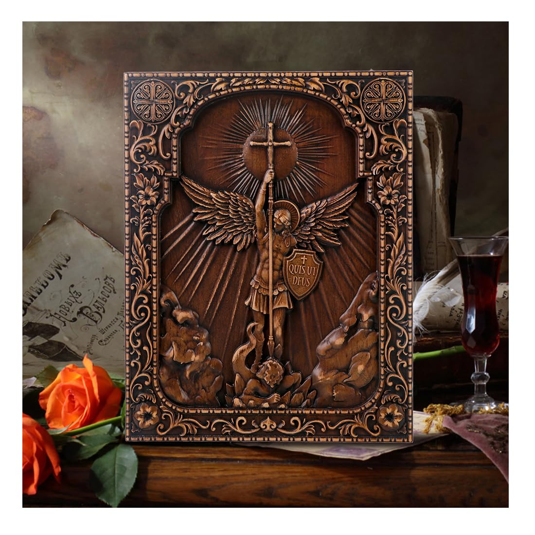 QIADGE Archangel Michael in the Cross Wall Hanging Wooden Carved Home Decor Plaque Personalized Crafts Christian Gift Idea (13.7 * 10.7 in) QIADGE