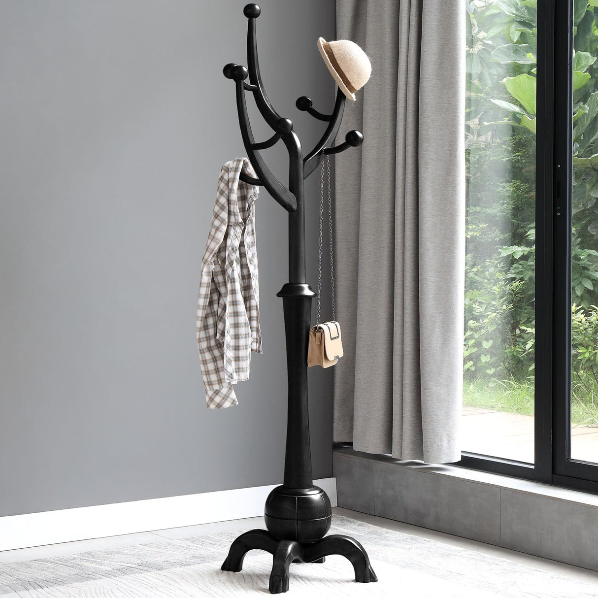 Heavy Duty Coat Rack Freestanding Wood Tree Rack with 8 Hooks, Unique Design Tree Branch-look, Premium Coat Tree Clothes Hanger Stand with Sphere Base for Entryway, Hallway, Bedroom-Load 160lbs Black Bekrvio