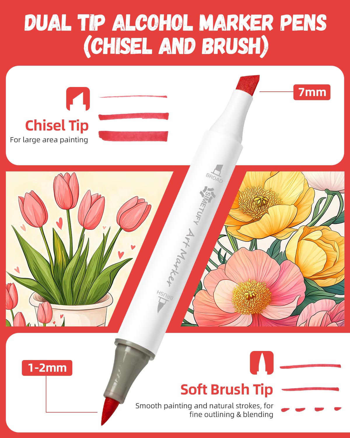 Simetufy 48 Colors Alcohol Markers Brush Tip, Coloring Markers for Adult Coloring Books, Dual Tip Alcohol Markers Brush Tip and Chisel Tip for Coloring, Drawing Simetufy