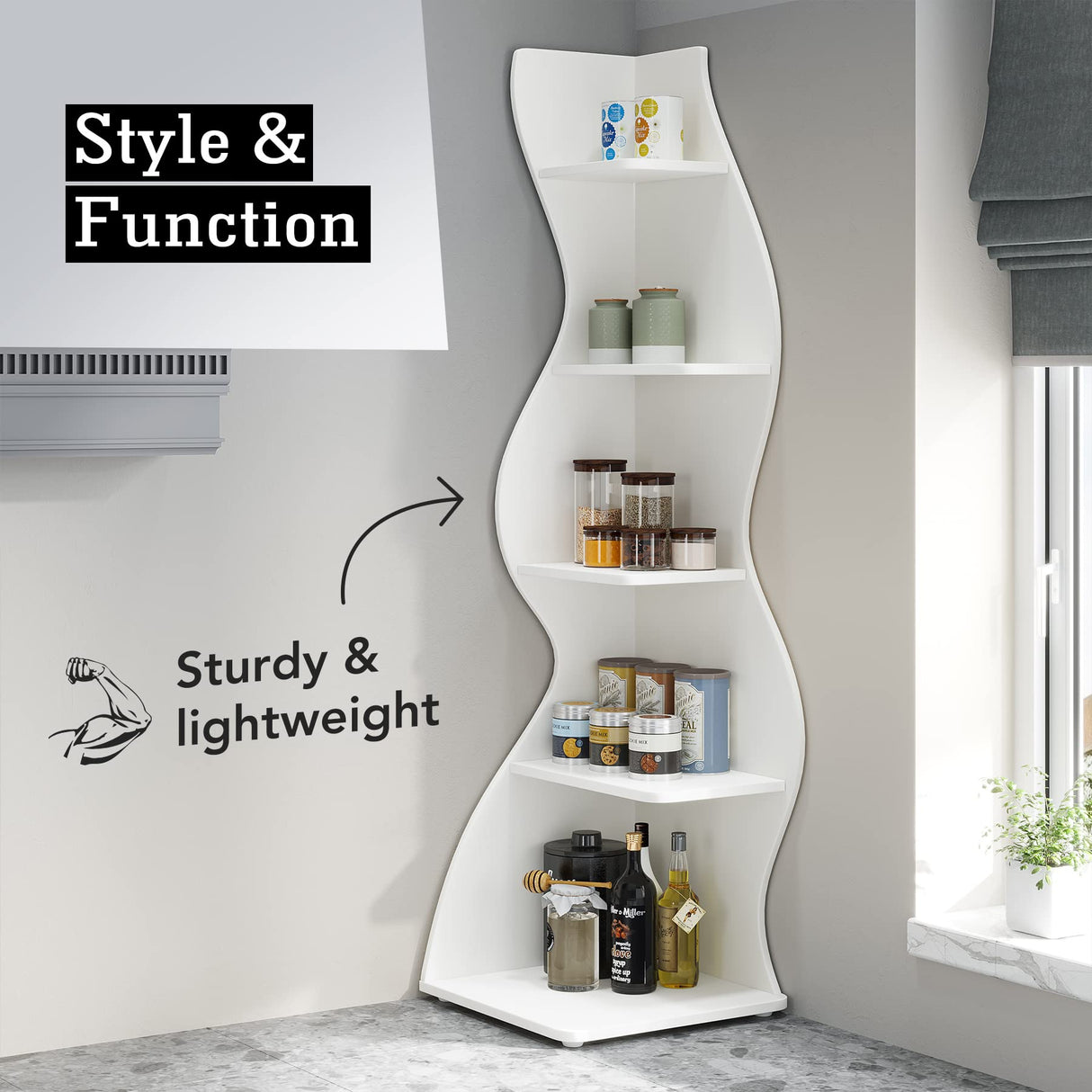 Tribesigns Corner Shelf, Modern 5-Tier Wall Corner Bookshelf, Stylish Corner Small Bookcase Storage Rack Plant Stand with Unique Shape for Living Room, Home Office (White, 1PC) Tribesigns