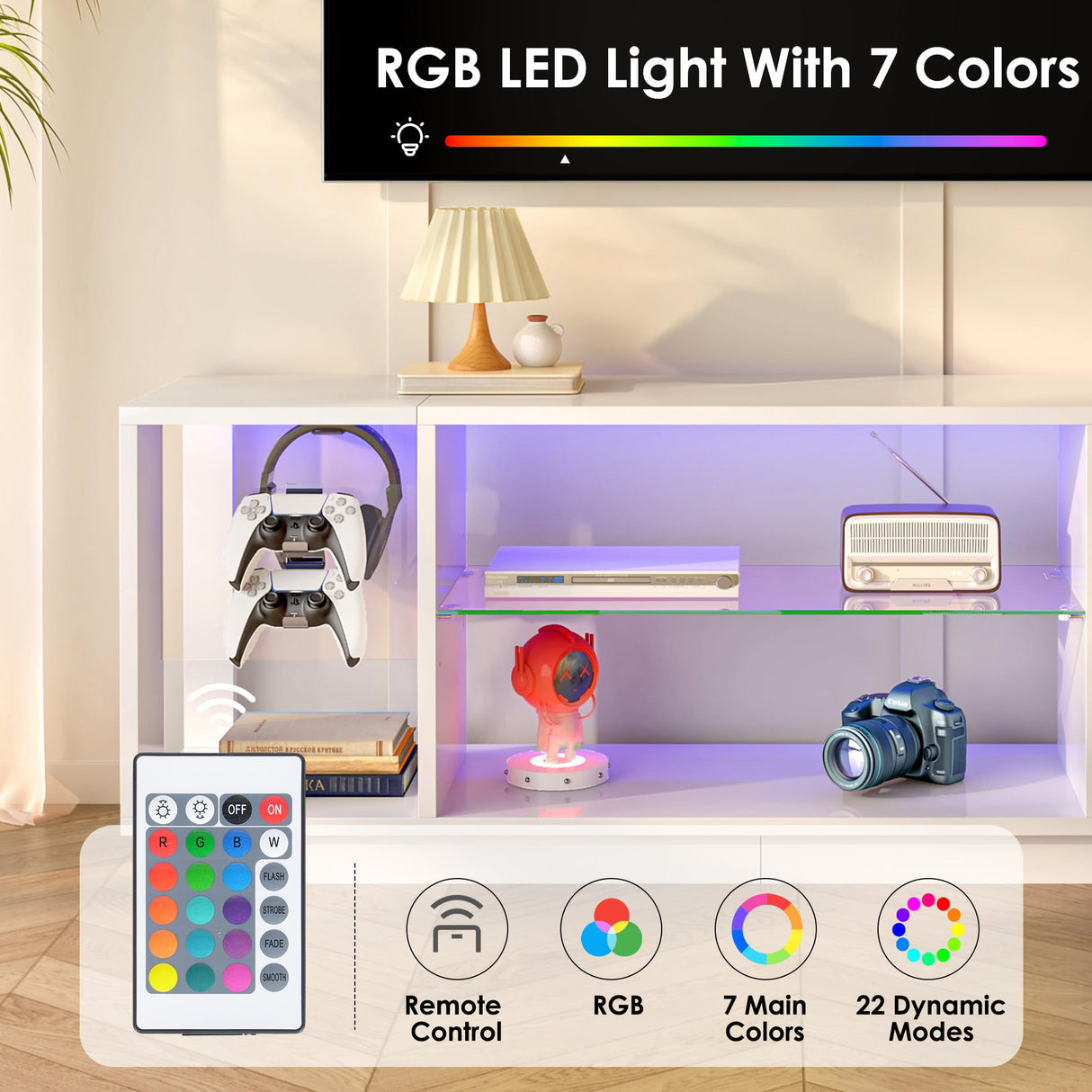 SogesPower LED TV Stand for 55/60/65” TVs,LED Entertainment Center with Charging Station and Adjustable Glass Shelves,TV Stand with Lights for Bedroom Living Room,Media TV Console with Storage,White SogesPower