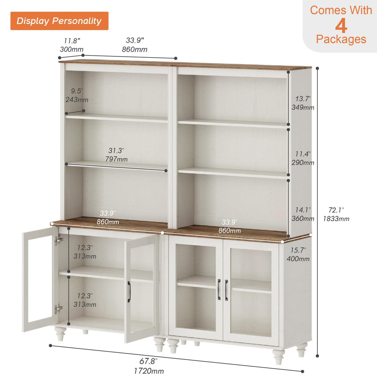 WAMPAT 72'' Tall Kitchen Pantry Cabinet with Storage, Farmhouse Glass Doors Pantry Storage with Bar Hutch and 5 Tier Shelve for Kitchen & Living Room & Bedroom, White WAMPAT