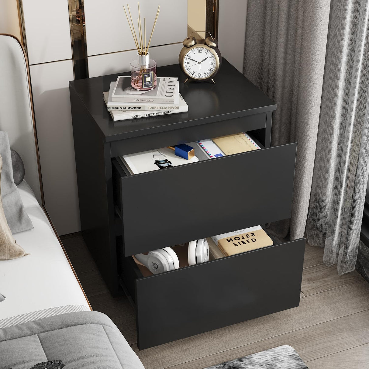 FUNISIR Nightstand with 2 Drawers, Modern Bedroom End Table with No Handle, Wooden Bedside Storage Cabinet, Balck FUNISIR