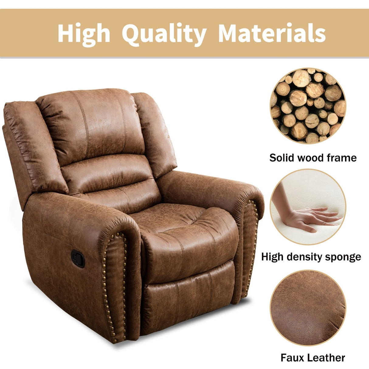 CANMOV Leather Recliner Chair, Classic and Traditional Manual Recliner Chair with Comfortable Arms and Back Single Sofa for Living Room, Nut Brown CANMOV