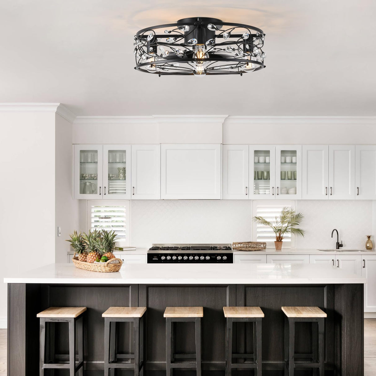 Garwarm 20in Caged Ceiling Fan with Light,Rustic Industrial Ceiling Fans with Lights and Remote,Bladeless Black Fandelier Ceiling Fan,Flush Mount Fan Lights for Kitchen,Bedroom(6 Speed,Timing) Garwarm