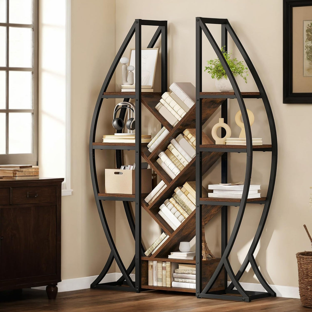 GOOBED Oval Bookshelf, Triple Wide 5 Tier Etagere Bookcase, Industrial Display Shelves Tree Bookshelf for Living Room, Bedroom, Home Office, Rustic Brown GOOBED