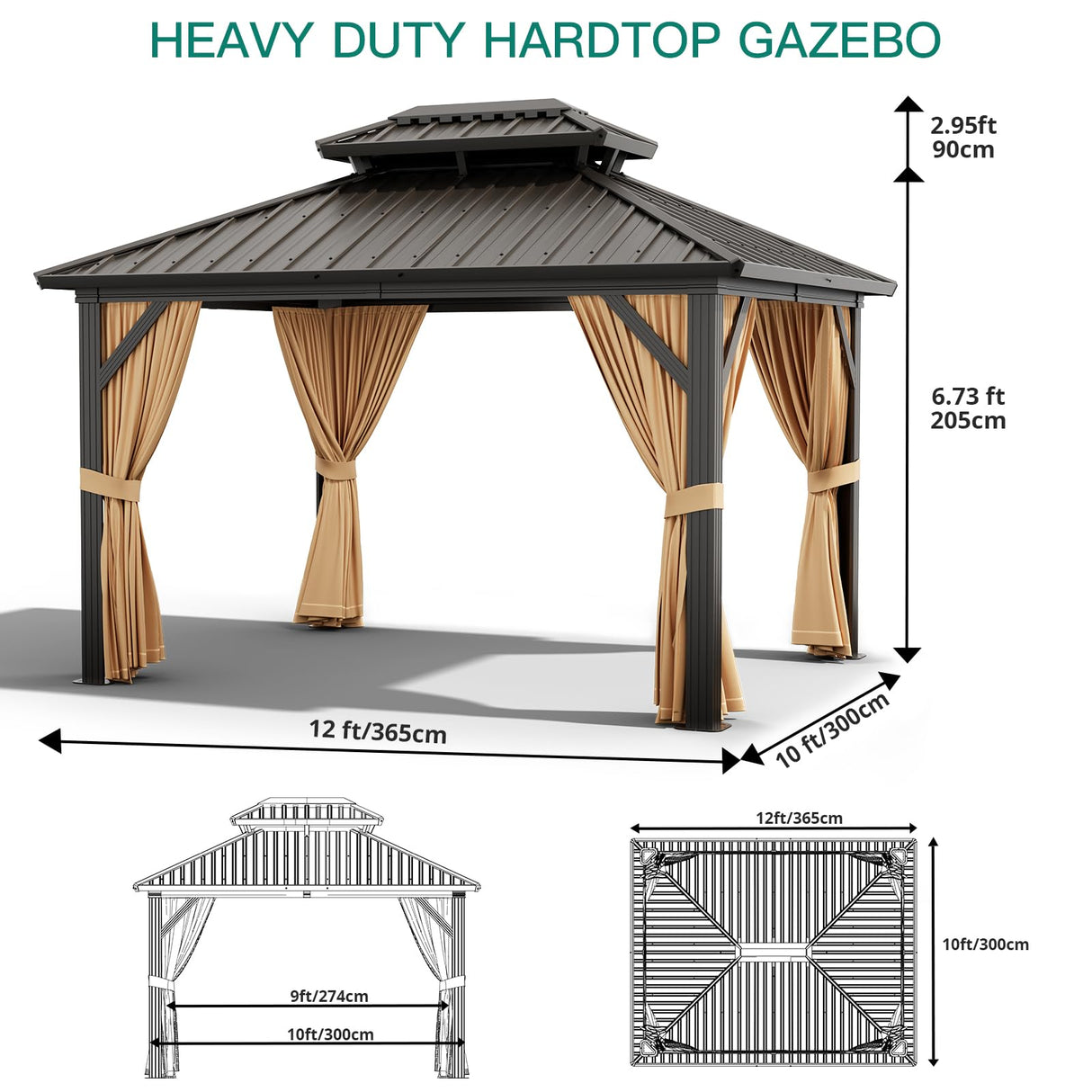 GarveeLife 10x12ft Double Roof Hardtop Gazebo, Heavy Duty Galvanised Steel Hardtop Pavilion with Nettings and Curtains, Metal Roof Gazebo for Patio, Terrace, Lawn and Deck, Brown GarveeLife