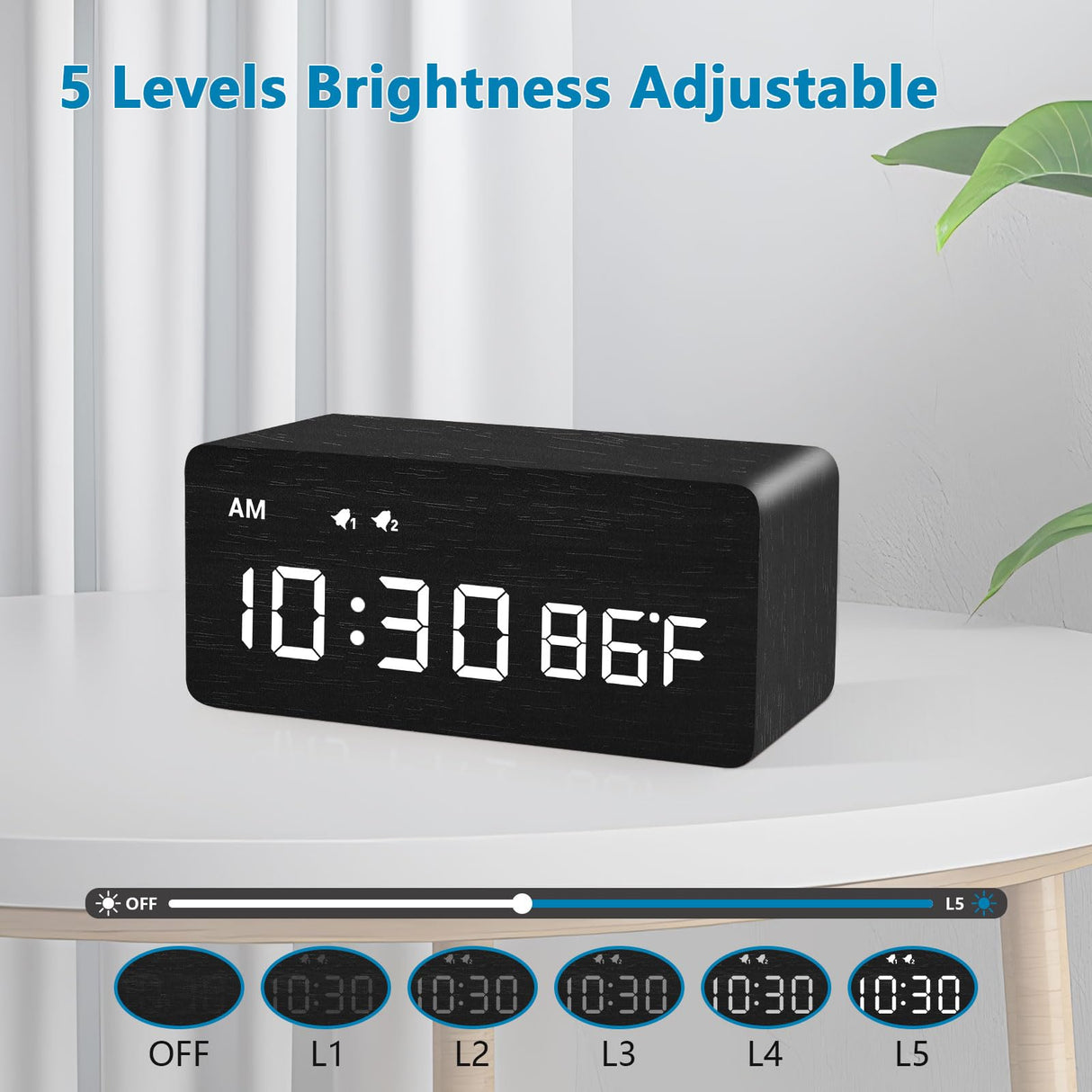 MOSITO Digital Wooden Alarm Clock with Wireless Charging, 0-100% Dimmer, Dual Alarm, Weekday/Weekend Mode, Snooze, Wood LED Clocks for Bedroom, Bedside, Desk, Kids (Black) MOSITO