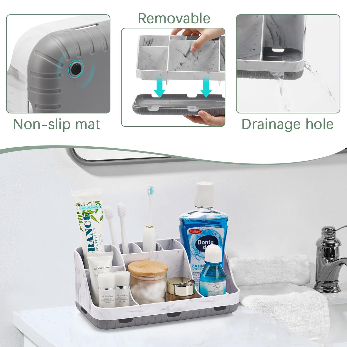 GFWARE Marble Bathroom Countertop Organizer - Detachable 7 Slots Kids Electric Toothbrush and Toothpaste Holde Drainage for Bathroom Accessories Organization Counter Vanity Storage, Grey GFWARE
