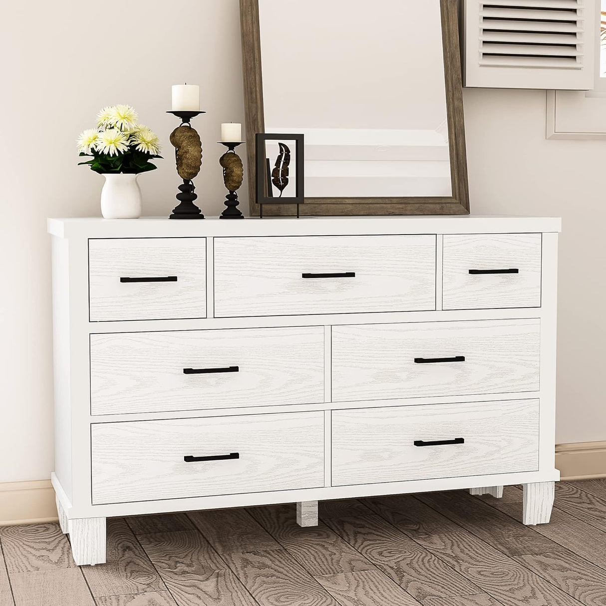IDEALHOUSE Dresser for Bedroom with 7 Drawers, Modern Chest of Drawers Closet with Metal Handle, Wooden Dresser Organizer, for Bedroom, Living Room, White IDEALHOUSE