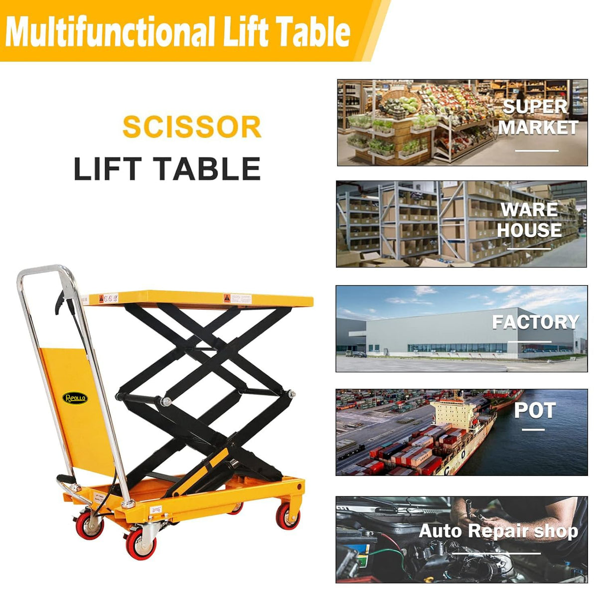 APOLLO Lift Table Cart Manual Double Scissor Lift Table Hydraulic Cart Platform Cart 1760lbs Capacity 59" Lifting Height APOLLO