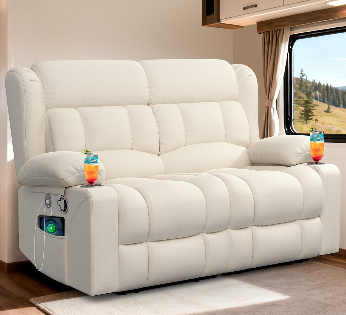 MOSGAT RV Loveseat Recliner Sofa, Reclining Loveseat Home Theater Seating with USB Ports, Cup Holders, Insert Pockets, Wall Hugger RV Recliners for Movie Room, Recline Movie Seats Gaming Sofa, White MOSGAT